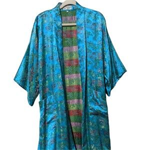 Solz Squirrel Vintage kimono housecoat turquoise jacquard  belted pockets robe L